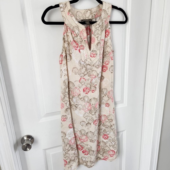 Tommy Bahama Women's Sleeveless Linen Tan Dress with Fan Shell Pattern Size XS - Picture 2 of 7